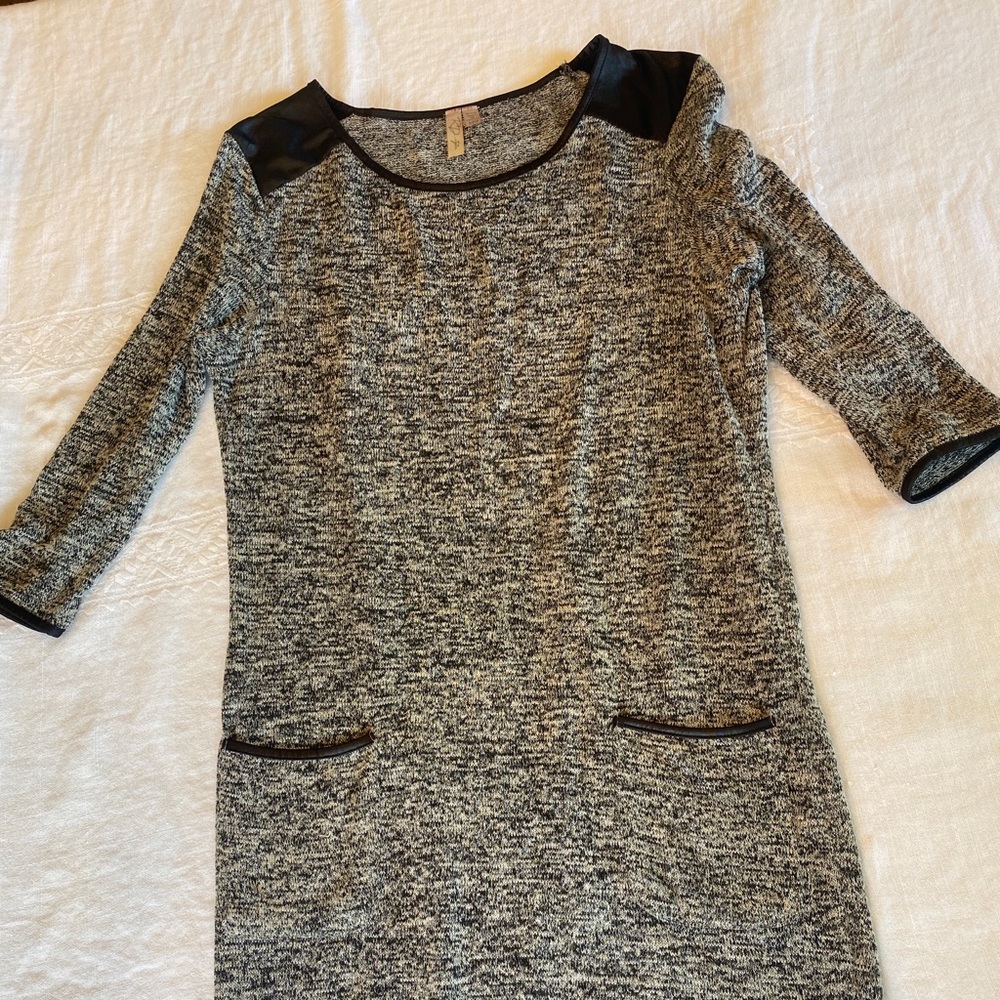 Black & white 3/4 sleeve dress with faux leather accents